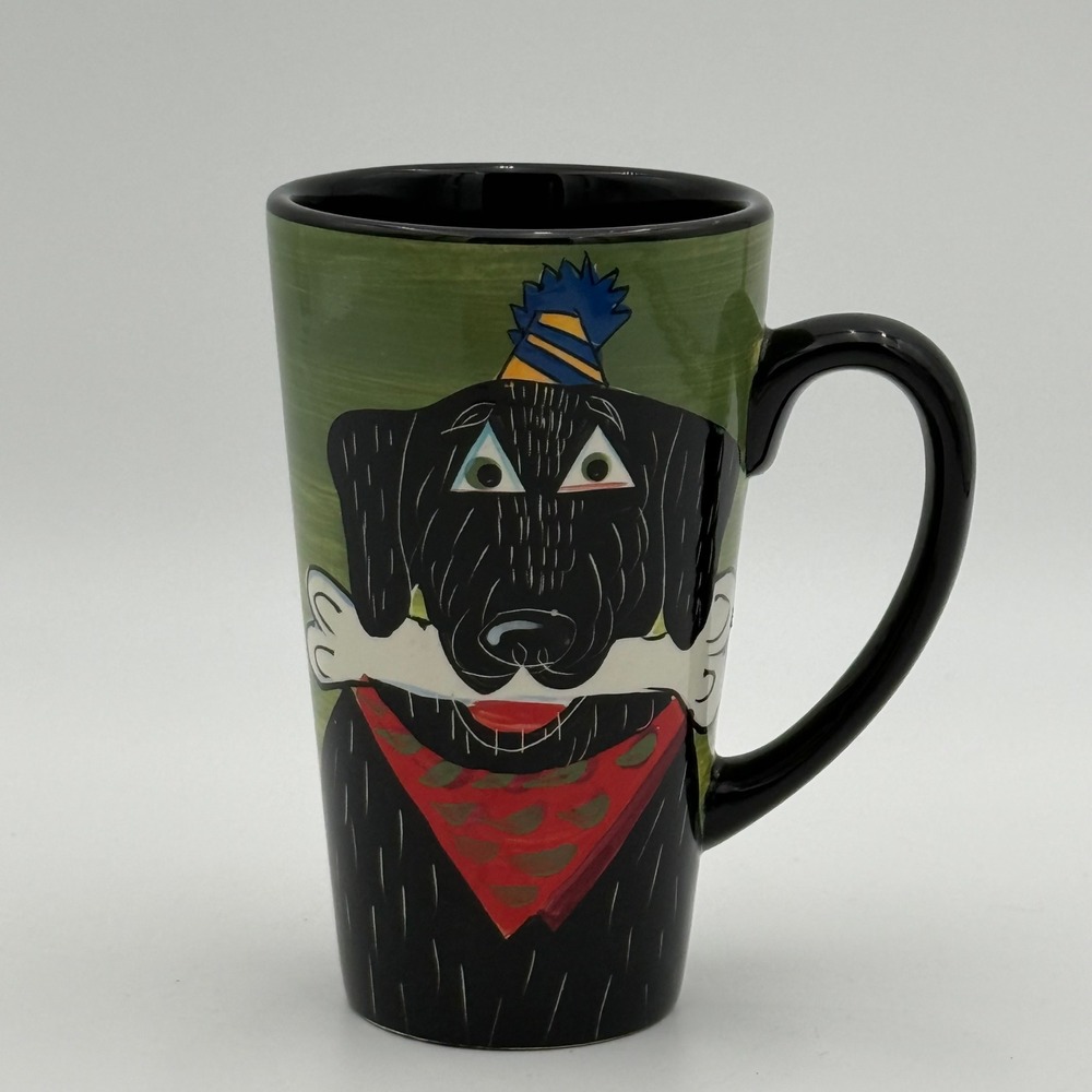 Naylor Designs Hand Painted Black Dog Party Hat Bone Ceramic Latte Mug 6 Inch